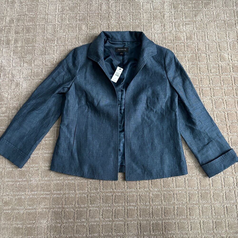 Talbots Linen Blazer Jacket Women's 2 Navy Blue Satin Lined Open Front Preppy